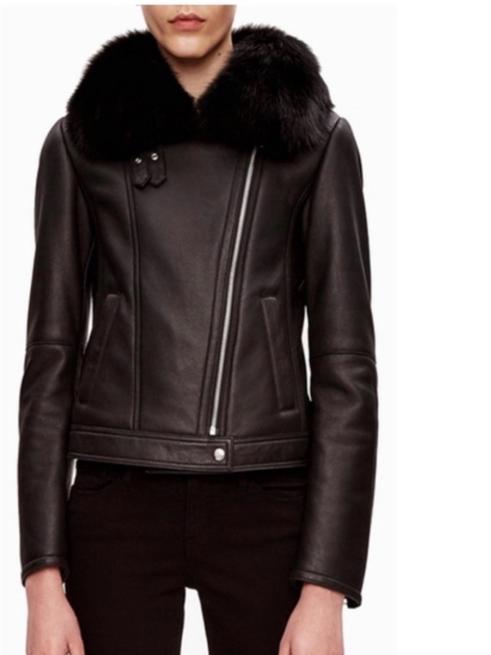 Theory Black Leather Fur-Trim Jacket